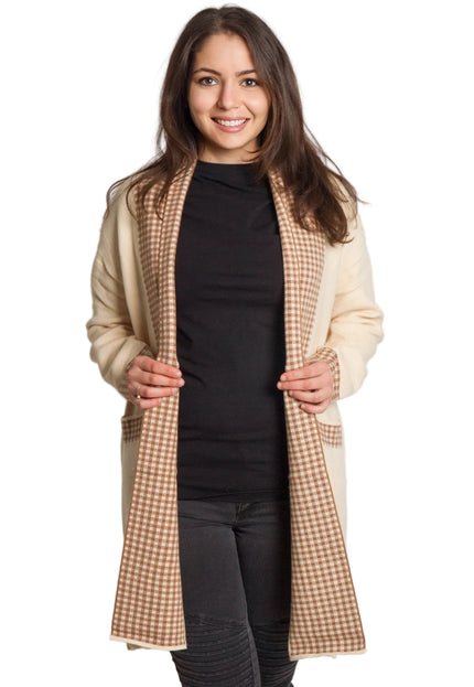 Μπεζ ζακέτα χωρίς κουμπιά με τσέπες και καρό λεπτομέρειες