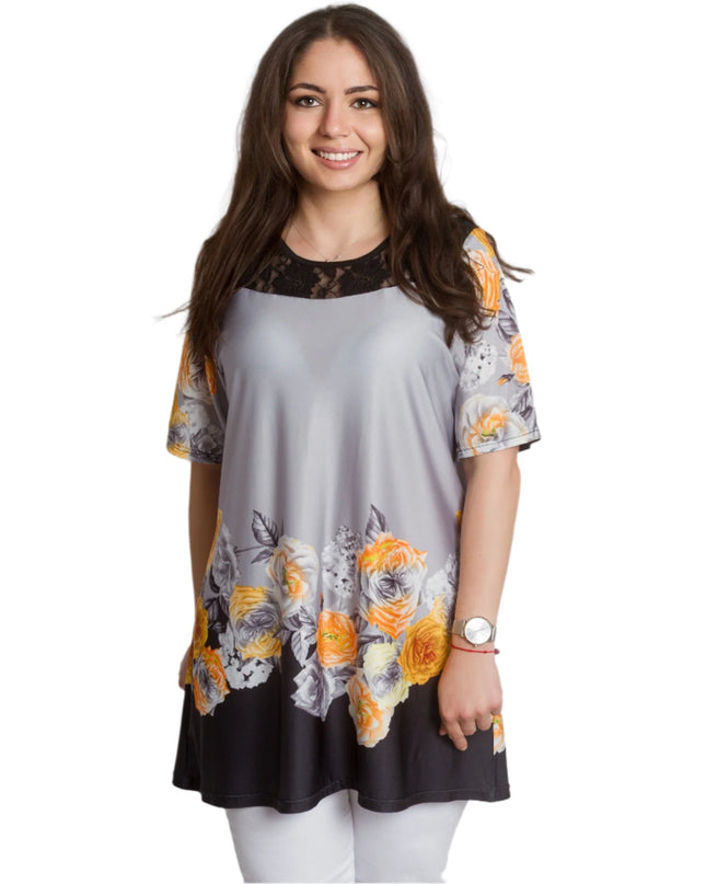 Γκρι Κομψή Τουνίκ με Λουλουδάτη Μπορντούρα και Δαντέλα