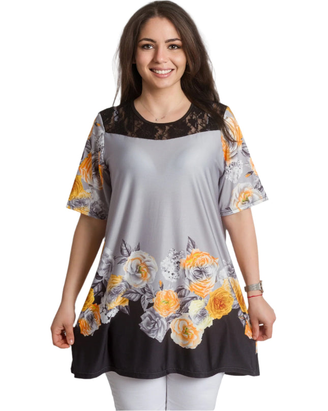 Γκρι Κομψή Τουνίκ με Λουλουδάτη Μπορντούρα και Δαντέλα