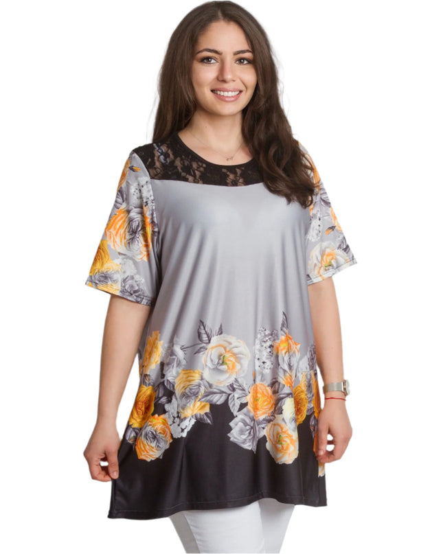 Γκρι Κομψή Τουνίκ με Λουλουδάτη Μπορντούρα και Δαντέλα