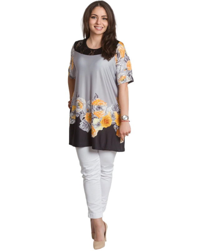 Γκρι Κομψή Τουνίκ με Λουλουδάτη Μπορντούρα και Δαντέλα