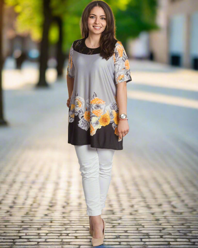 Γκρι Κομψή Τουνίκ με Λουλουδάτη Μπορντούρα και Δαντέλα
