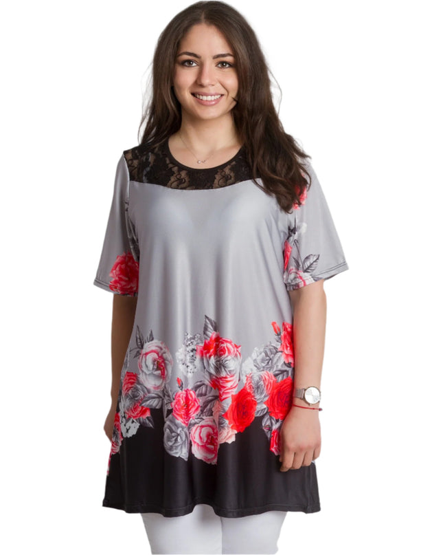 Γκρι Κομψή Τουνίκ με Φλοράλ  και Δαντέλα