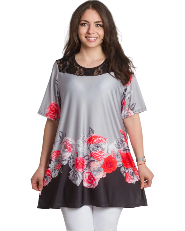 Γκρι Κομψή Τουνίκ με Φλοράλ  και Δαντέλα