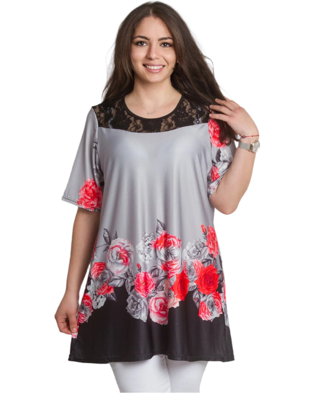Γκρι Κομψή Τουνίκ με Φλοράλ  και Δαντέλα