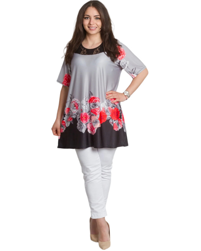 Γκρι Κομψή Τουνίκ με Φλοράλ  και Δαντέλα