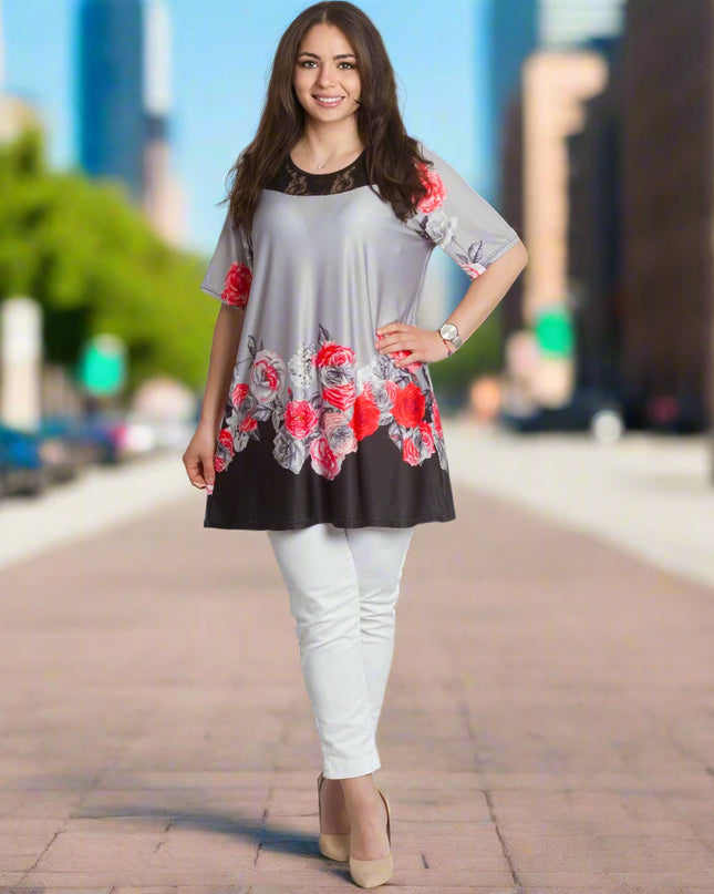 Γκρι Κομψή Τουνίκ με Φλοράλ  και Δαντέλα