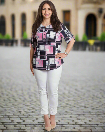 Γυναικεία πουκαμίσα με Τσεπάκι και Γεωμετρικό Σχέδιο