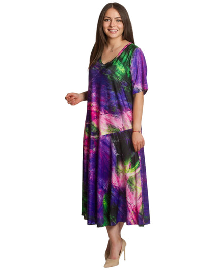 Μακρύ φόρεμα σε άνετη γραμμή με V ντεκολτέ και print