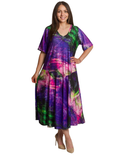 Μακρύ φόρεμα σε άνετη γραμμή με V ντεκολτέ και print