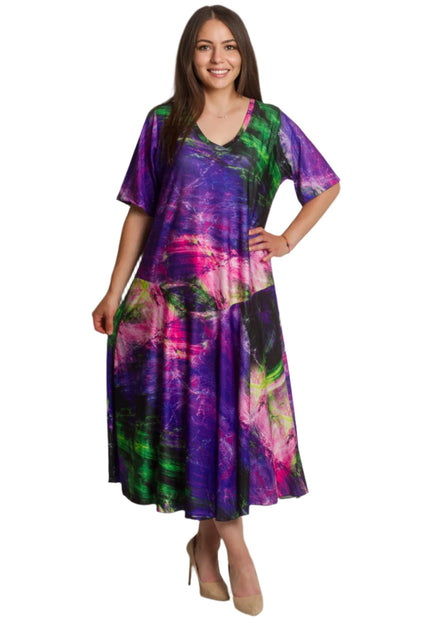 Μακρύ φόρεμα σε άνετη γραμμή με V ντεκολτέ και print