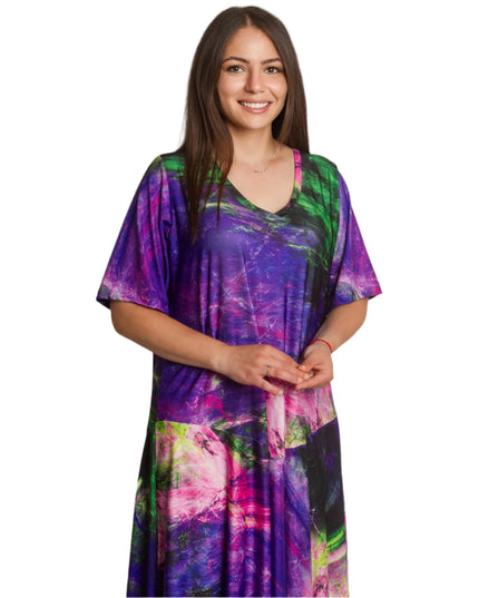 Μακρύ φόρεμα σε άνετη γραμμή με V ντεκολτέ και print