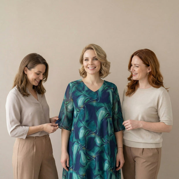 Τρεις γυναίκες χαμογελούν ενώ θαυμάζουν φόρεμα σε στούντιο μόδας
