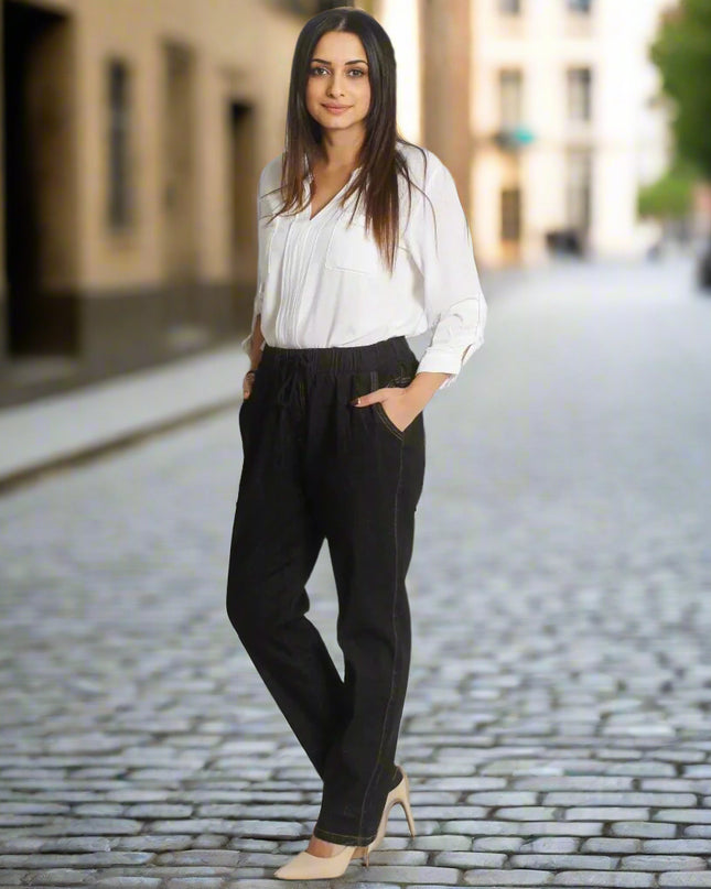 Черни дамски дънки с ластик и връзки в големи размери - Maxi Market