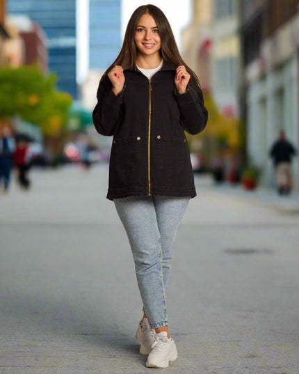 Черно дънково яке с джобове в големи размери - Maxi Market