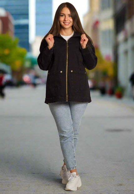 Черно дънково яке с джобове в големи размери - Maxi Market