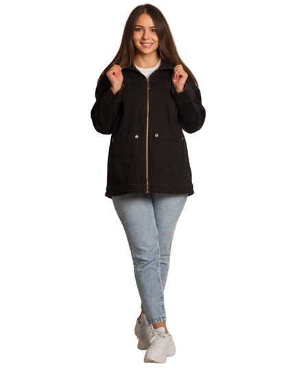 Черно дънково яке с джобове в големи размери - Maxi Market