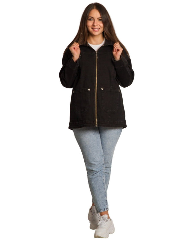 Черно дънково яке с джобове в големи размери - Maxi Market