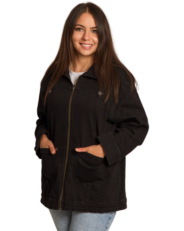 Черно дънково яке с джобове в големи размери - Maxi Market