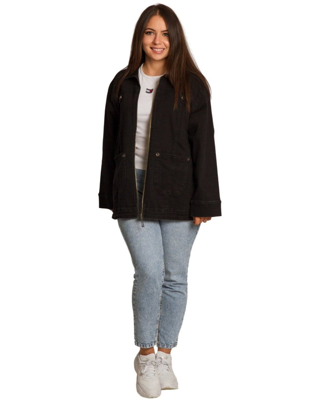 Черно дънково яке с джобове в големи размери - Maxi Market