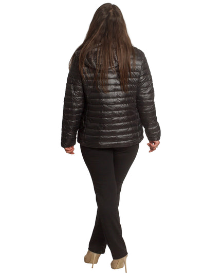 Γυναικείο μαύρο μπουφάν με κουκούλα και μεγέθη plus