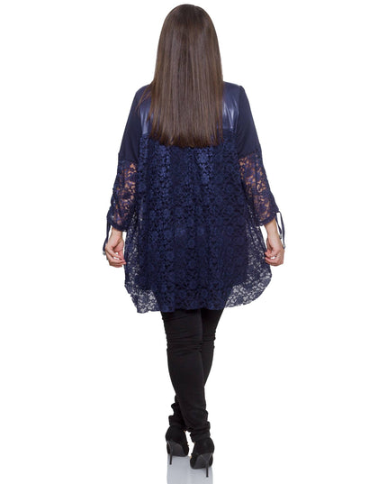 Дамска тъмносиня дантелена туника в макси размери - Елегантна за официални поводи - Комфортна и еластична - Есен - Зима - Maxi Market