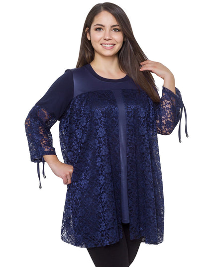 Дамска тъмносиня дантелена туника в макси размери - Елегантна за официални поводи - Комфортна и еластична - Есен - Зима - Maxi Market