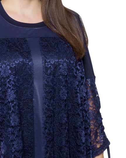 Дамска тъмносиня дантелена туника в макси размери - Елегантна за официални поводи - Комфортна и еластична - Есен - Зима - Maxi Market
