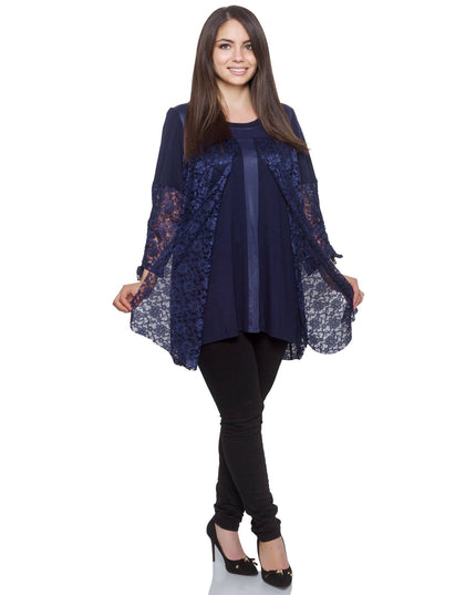 Дамска тъмносиня дантелена туника в макси размери - Елегантна за официални поводи - Комфортна и еластична - Есен - Зима - Maxi Market