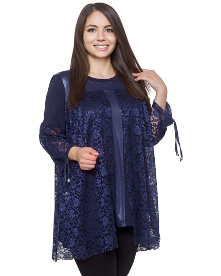 Дамска тъмносиня дантелена туника в макси размери - Елегантна за официални поводи - Комфортна и еластична - Есен - Зима - Maxi Market
