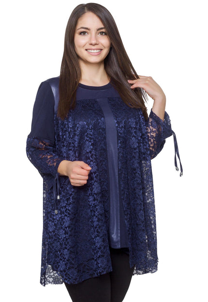 Дамска тъмносиня дантелена туника в макси размери - Елегантна за официални поводи - Комфортна и еластична - Есен - Зима - Maxi Market