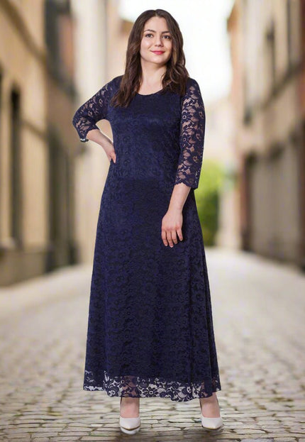 Κομψό Σκούρο Μπλε Φόρεμα Plus-Size - Επίσημο - Στρογγυλή Λαιμόκοψη - Μακρύ - Άνοιξη-Καλοκαίρι