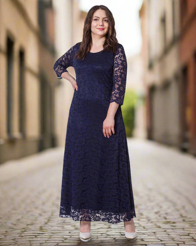 Κομψό Σκούρο Μπλε Φόρεμα Plus-Size - Επίσημο - Στρογγυλή Λαιμόκοψη - Μακρύ - Άνοιξη-Καλοκαίρι
