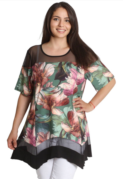 Μακριά τουνίκ με τούλι - Φλοράλ σχέδιο - 3XL, 4XL, 5XL, 6XL - Άνοιξη-Καλοκαίρι