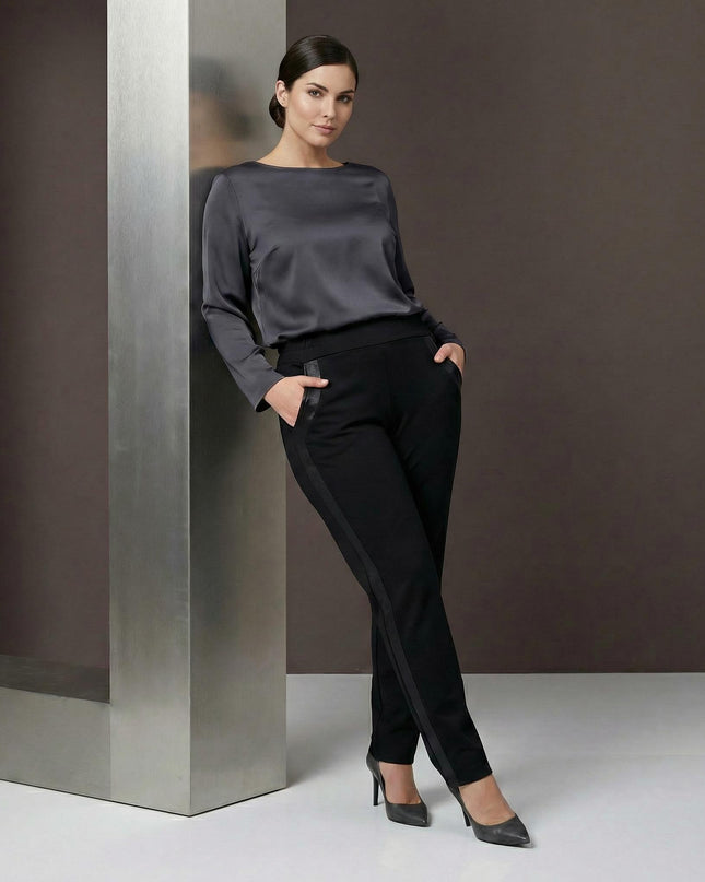 Επίσημο μαύρο παντελόνι με ρίγα δερματίνη μεγάλα μεγέθη