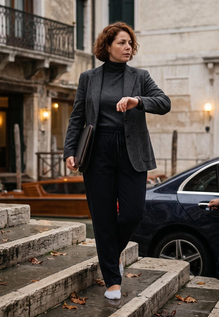 Ολόσωμη λήψη με μαύρο ελαστικό γυναικείο παντελόνι σε μεγάλα μεγέθη, συνδυασμένο με σακάκι και γκρι ζιβάγκο.