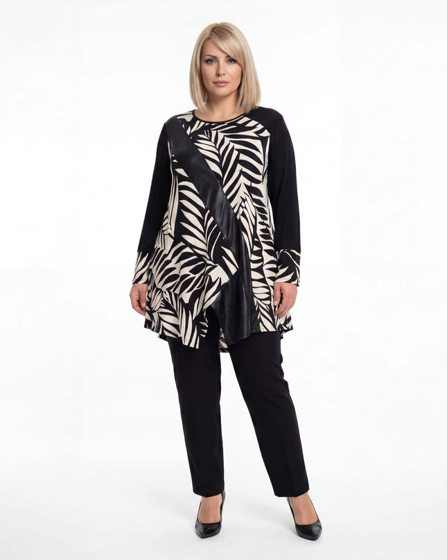 Ολόσωμη λήψη επίσημης ασύμμετρης τουνίκ σε μεγάλα μεγέθη, με μοντέρνο σχέδιο φύλλα και διαγώνια φάσα δερματίνης στο μπροστινό μέρος.