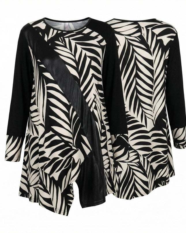 Επίσημη ασύμμετρη τουνίκ σε μεγάλα μεγέθη με μοτίβο φύλλα και διακοσμητική δερματίνη, απεικονίζεται σε μπροστινή και πίσω όψη σε λευκό φόντο.