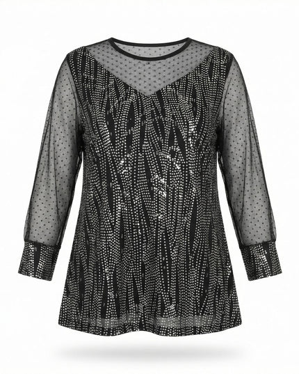 Επίσημη εβαζέ τουνίκ σε μαύρο χρώμα με ασημοκλωστή και διαφάνεια από πουά τούλι, σε μπροστινή λήψη σε λευκό φόντο για μεγάλα μεγέθη.