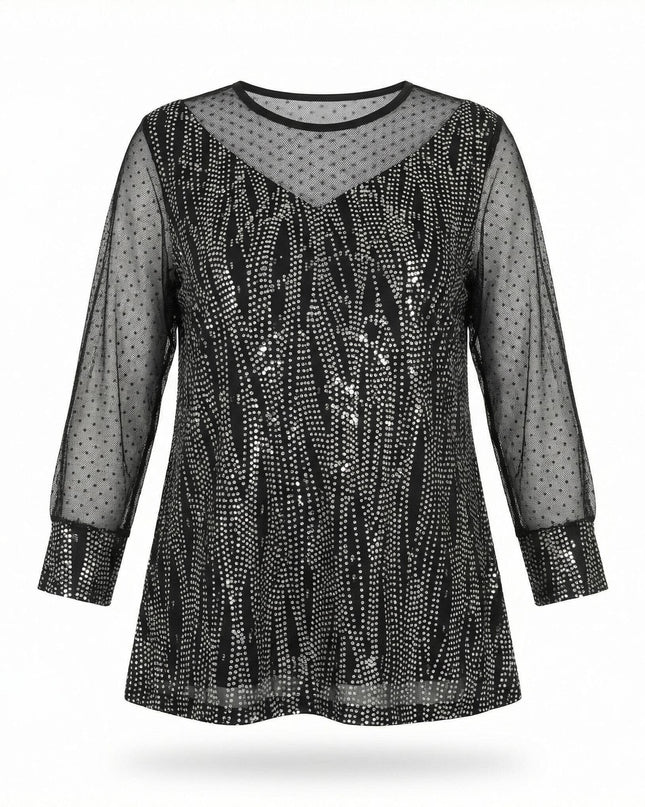 Επίσημη εβαζέ τουνίκ σε μαύρο χρώμα με ασημοκλωστή και διαφάνεια από πουά τούλι, σε μπροστινή λήψη σε λευκό φόντο για μεγάλα μεγέθη.