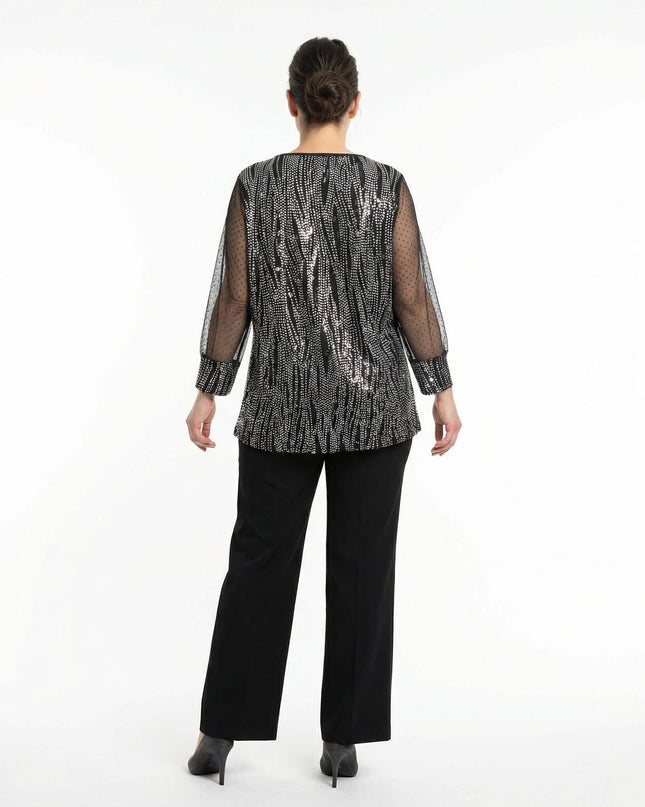Πίσω όψη από επίσημη εβαζέ τουνίκ με ασημοκλωστή και διάφανα μανίκια από πουά τούλι, σε μαύρο χρώμα, ιδανική για μεγάλα μεγέθη.