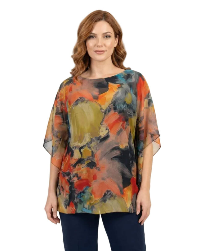 Επίσημη τουνίκ από αέρινη σιφόν με πολύχρωμο αφηρημένο σχέδιο για μεγάλα μεγέθη, φωτογραφημένη σε λευκό φόντο.