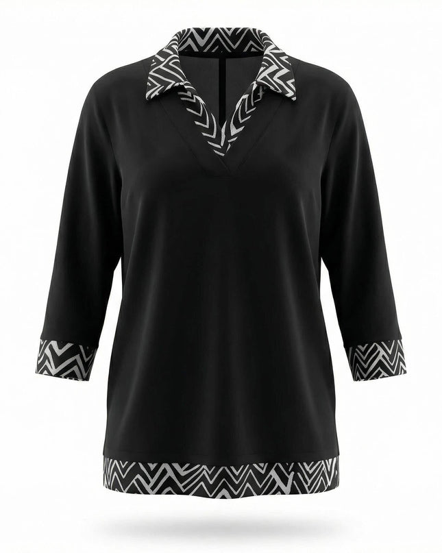 Επίσημη μαύρη τουνίκ plus size με γιακά, μανσέτες και τελείωμα σε ασπρόμαυρο γεωμετρικό μοτίβο, φωτογραφία προϊόντος σε λευκό φόντο.