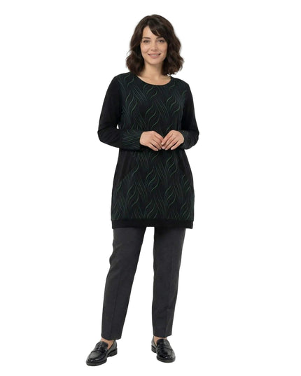 Επίσημη μαύρη τουνίκ με τσέπες και σχέδιο με πράσινες γραμμές, σε ολόσωμη λήψη για μεγάλα μεγέθη.