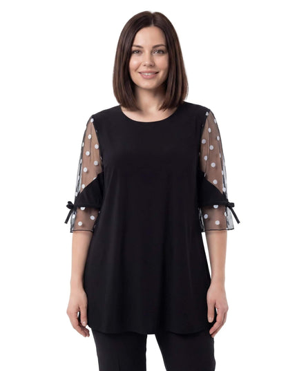 Επίσημη μαύρη τουνίκ plus size με μανίκια από τούλι πουά και φιόγκους, σε μπροστινή όψη.
