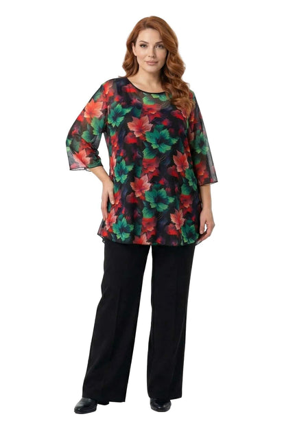 Επίσημη ριχτή τουνίκ δύο τεμαχίων plus size, με αέρινο σιφόν και πολύχρωμο μοτίβο φύλλων σε μαύρη βάση, σε ολόσωμη λήψη μπροστά.