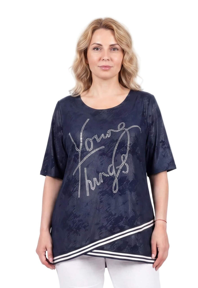 Επίσημη σκούρα μπλε τουνίκ σε μεγάλα μεγέθη με ασύμμετρη γραμμή και πέτρες