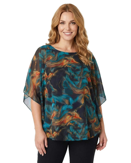 Επίσημη τουνίκ από σιφόν σε μεγάλα μεγέθη με αφηρημένο σχέδιο σε αποχρώσεις του τυρκουάζ και πορτοκαλί, σε μπροστινή λήψη.