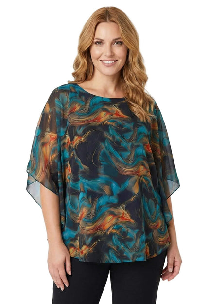 Επίσημη τουνίκ από σιφόν σε μεγάλα μεγέθη με αφηρημένο σχέδιο σε αποχρώσεις του τυρκουάζ και πορτοκαλί, σε μπροστινή λήψη.