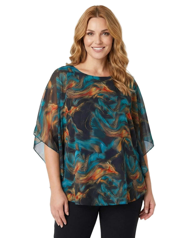 Επίσημη τουνίκ από σιφόν σε μεγάλα μεγέθη με αφηρημένο σχέδιο σε αποχρώσεις του τυρκουάζ και πορτοκαλί, σε μπροστινή λήψη.